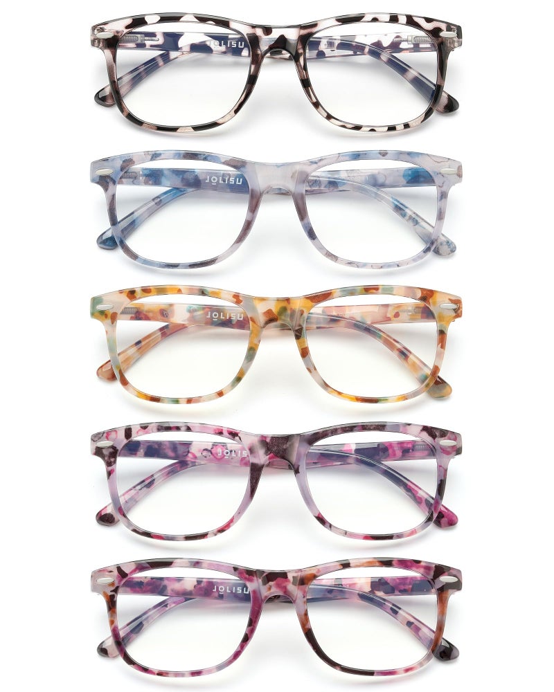 JOLISU Reading Glasses For Women - 5 Pack Stylish Readers For Womens Men Spring Hinge Eyeglasses -Blue Light Blocking Protection Frame (1.25)
